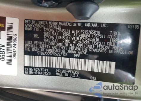 2005 Toyota Sienna Xle из США, поврежденный, VIN 5TDZA22C65S287128